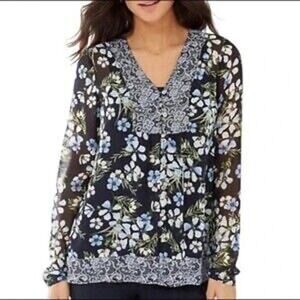 J. Jill Blue Semi Sheer Long Sleeve Floral Boho Blouse Cottagecore sz Large $89